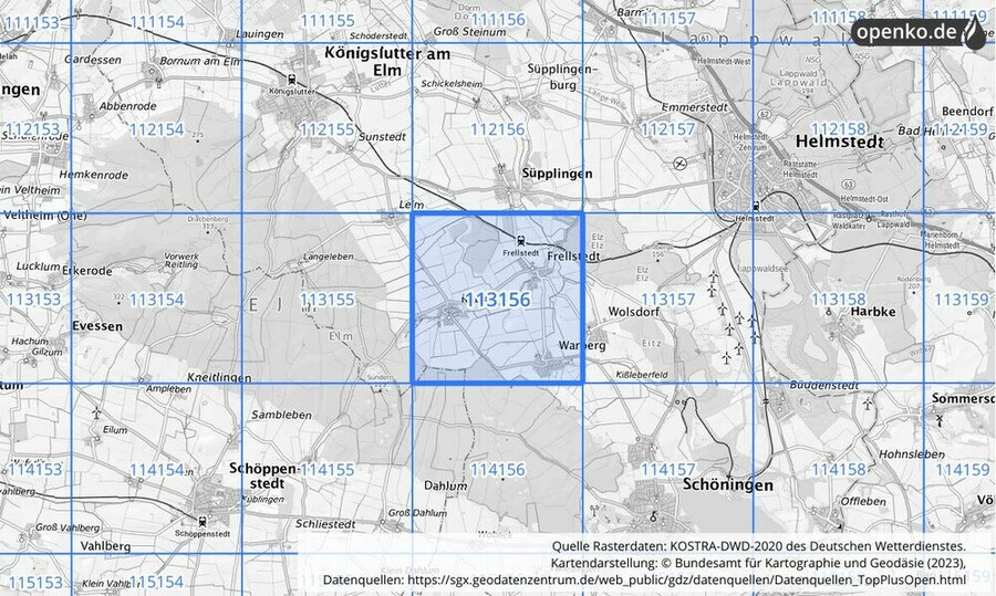 Übersichtskarte des KOSTRA-DWD-2020-Rasterfeldes Nr. 113156