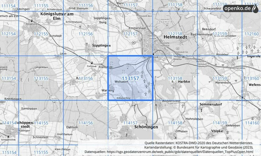 Übersichtskarte des KOSTRA-DWD-2020-Rasterfeldes Nr. 113157