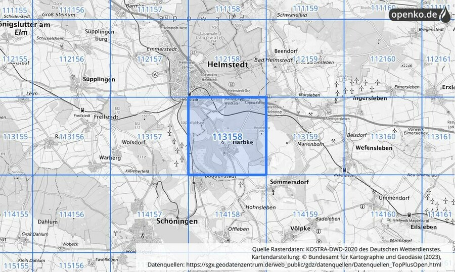 Übersichtskarte des KOSTRA-DWD-2020-Rasterfeldes Nr. 113158