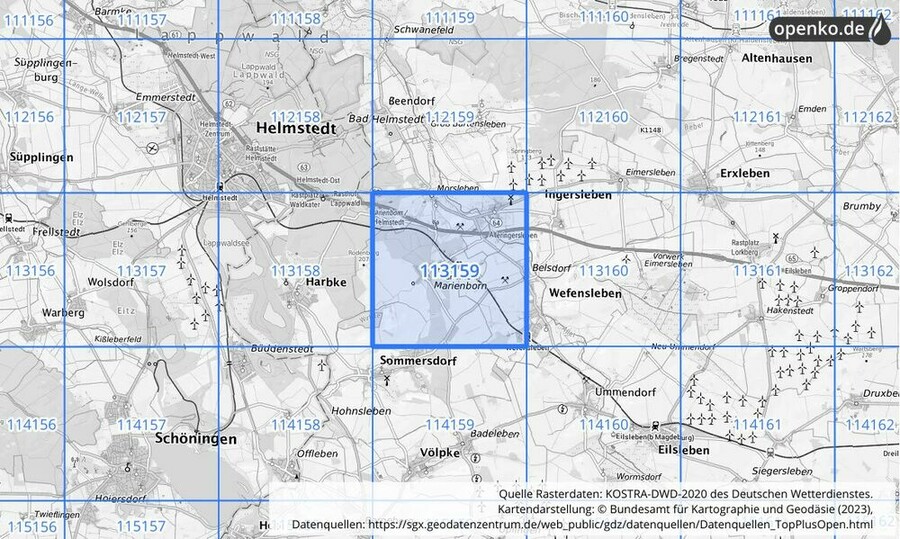 Übersichtskarte des KOSTRA-DWD-2020-Rasterfeldes Nr. 113159