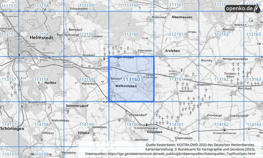 Übersichtskarte des KOSTRA-DWD-2020-Rasterfeldes Nr. 113160