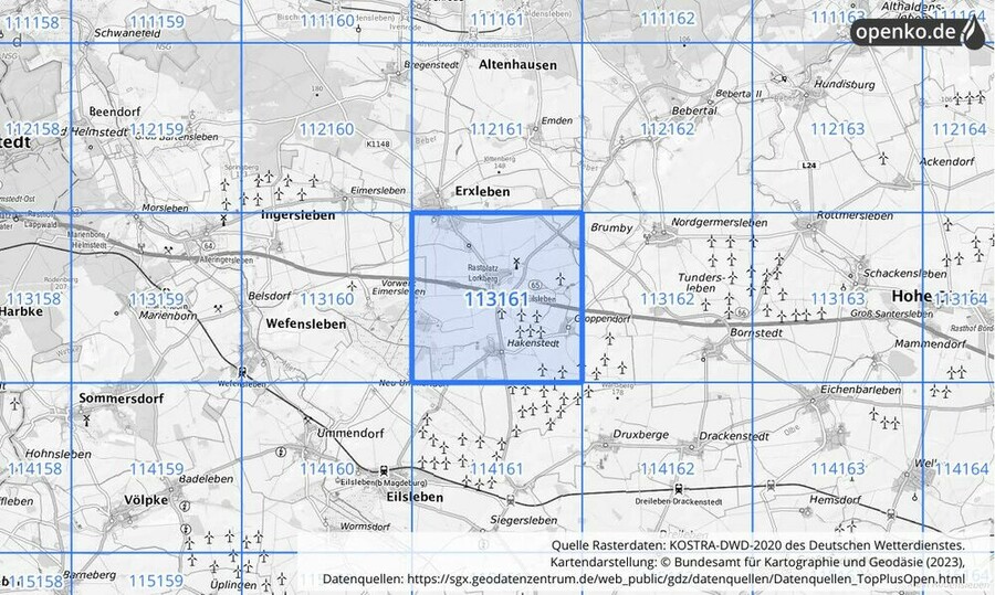 Übersichtskarte des KOSTRA-DWD-2020-Rasterfeldes Nr. 113161