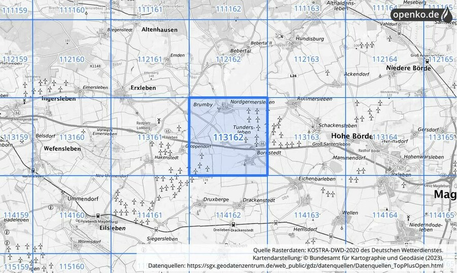 Übersichtskarte des KOSTRA-DWD-2020-Rasterfeldes Nr. 113162