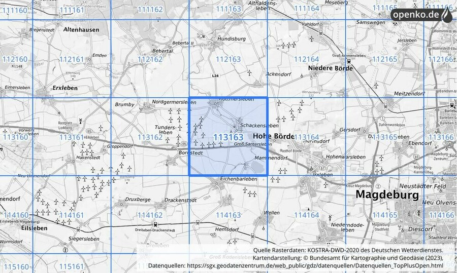 Übersichtskarte des KOSTRA-DWD-2020-Rasterfeldes Nr. 113163