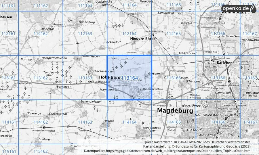 Übersichtskarte des KOSTRA-DWD-2020-Rasterfeldes Nr. 113164