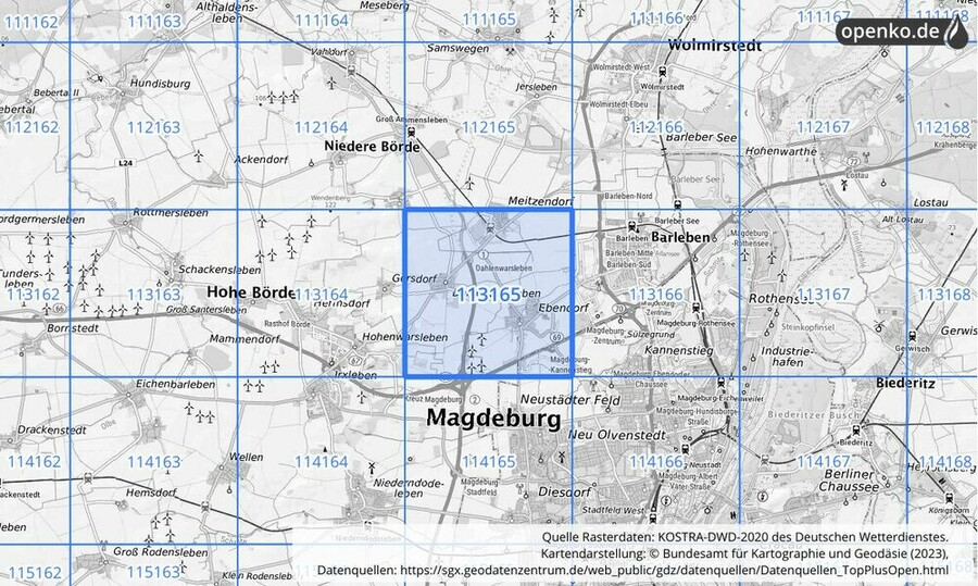 Übersichtskarte des KOSTRA-DWD-2020-Rasterfeldes Nr. 113165