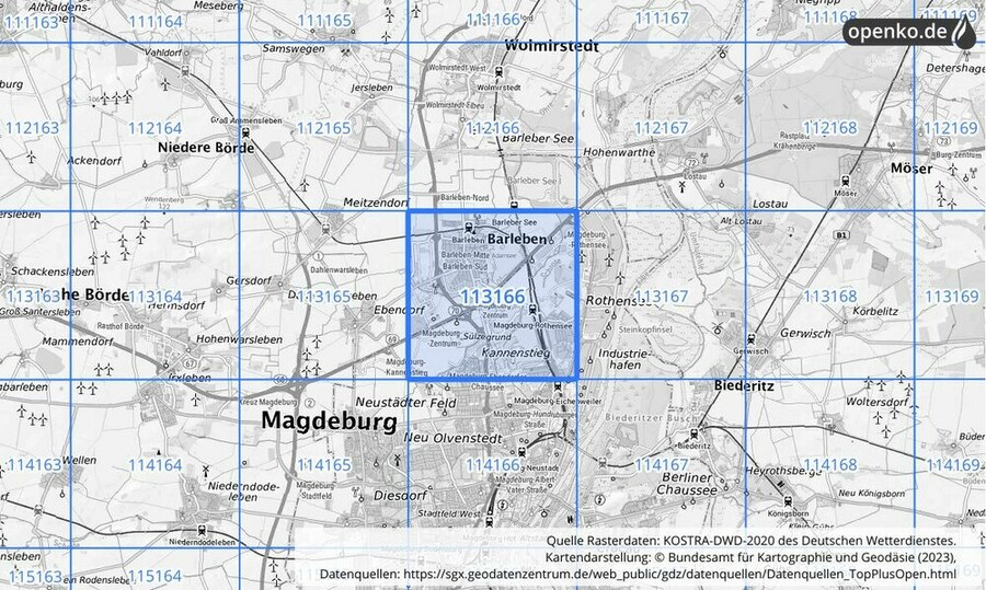 Übersichtskarte des KOSTRA-DWD-2020-Rasterfeldes Nr. 113166