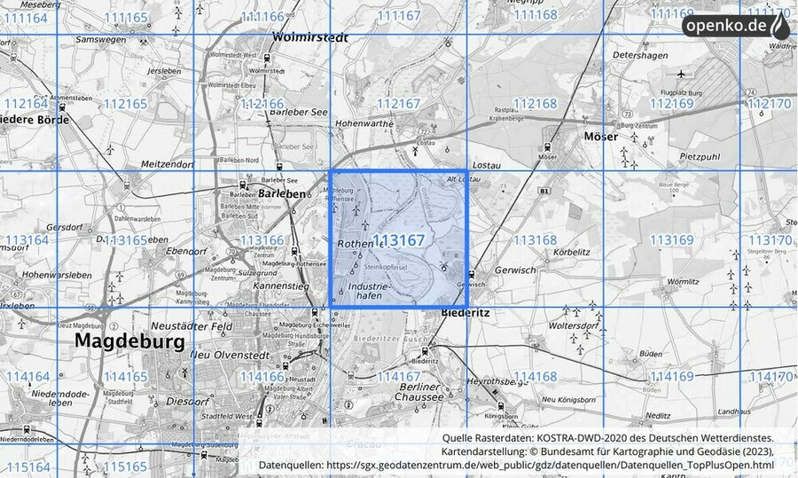 Übersichtskarte des KOSTRA-DWD-2020-Rasterfeldes Nr. 113167