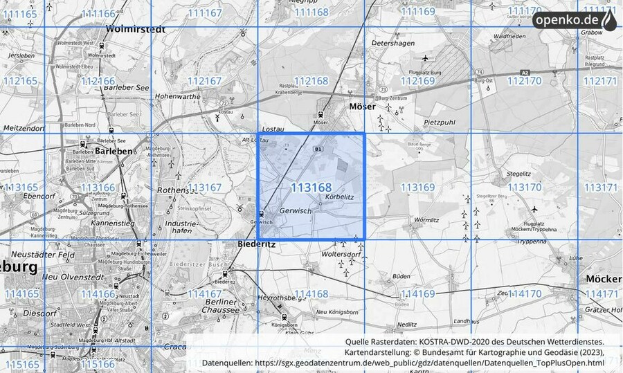 Übersichtskarte des KOSTRA-DWD-2020-Rasterfeldes Nr. 113168