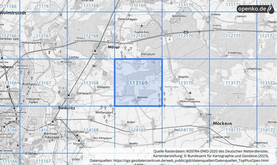 Übersichtskarte des KOSTRA-DWD-2020-Rasterfeldes Nr. 113169