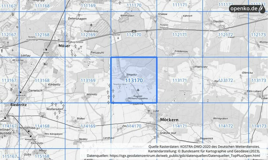 Übersichtskarte des KOSTRA-DWD-2020-Rasterfeldes Nr. 113170