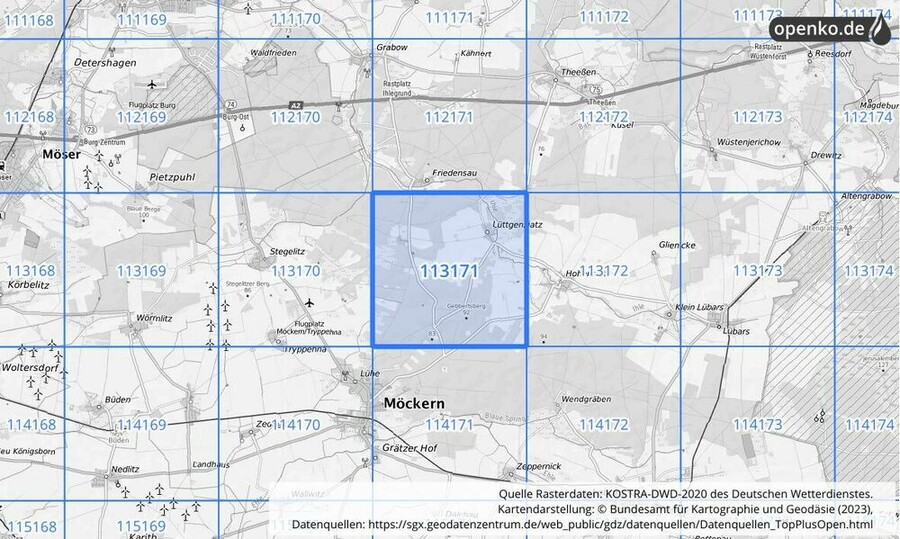 Übersichtskarte des KOSTRA-DWD-2020-Rasterfeldes Nr. 113171