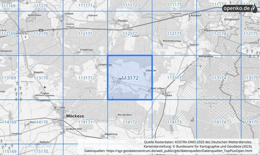 Übersichtskarte des KOSTRA-DWD-2020-Rasterfeldes Nr. 113172