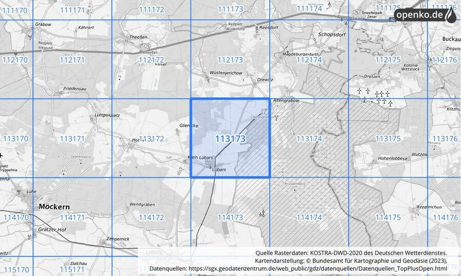 Übersichtskarte des KOSTRA-DWD-2020-Rasterfeldes Nr. 113173