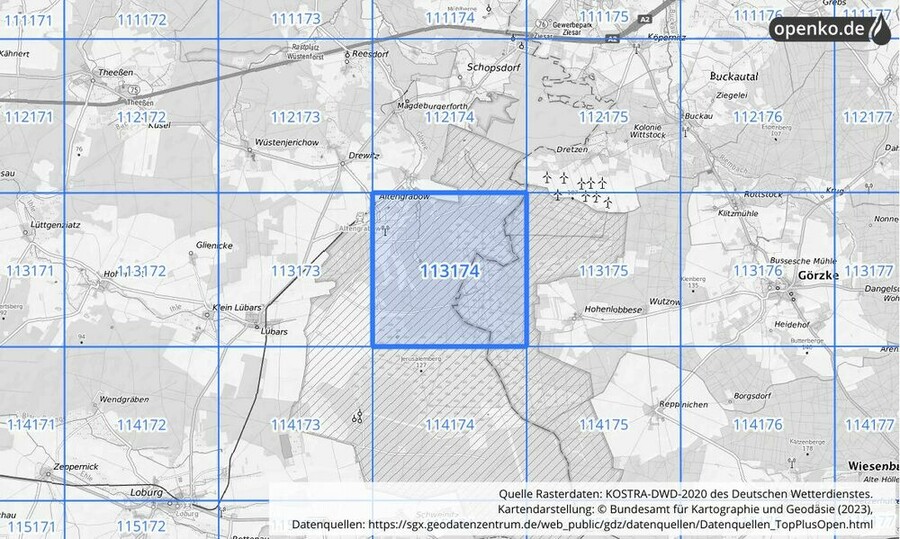 Übersichtskarte des KOSTRA-DWD-2020-Rasterfeldes Nr. 113174