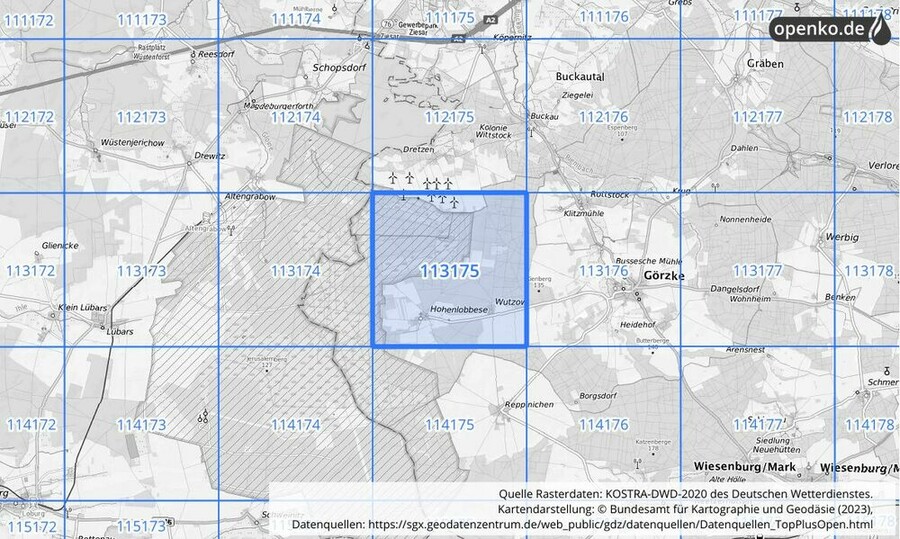 Übersichtskarte des KOSTRA-DWD-2020-Rasterfeldes Nr. 113175