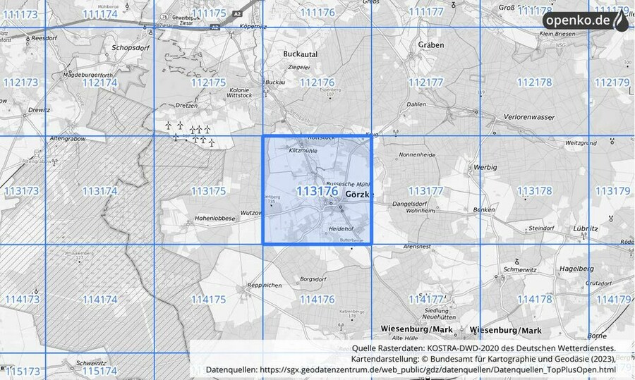 Übersichtskarte des KOSTRA-DWD-2020-Rasterfeldes Nr. 113176