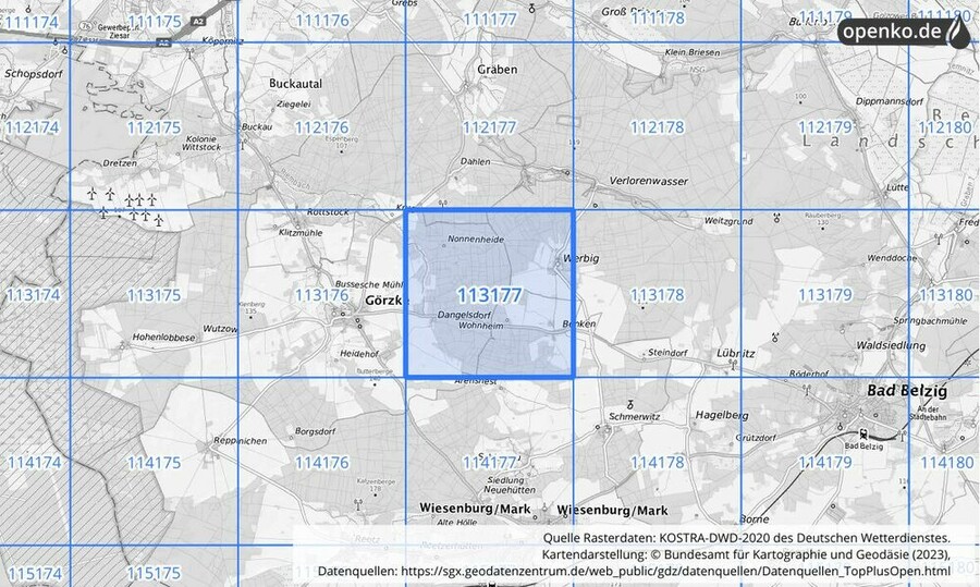 Übersichtskarte des KOSTRA-DWD-2020-Rasterfeldes Nr. 113177