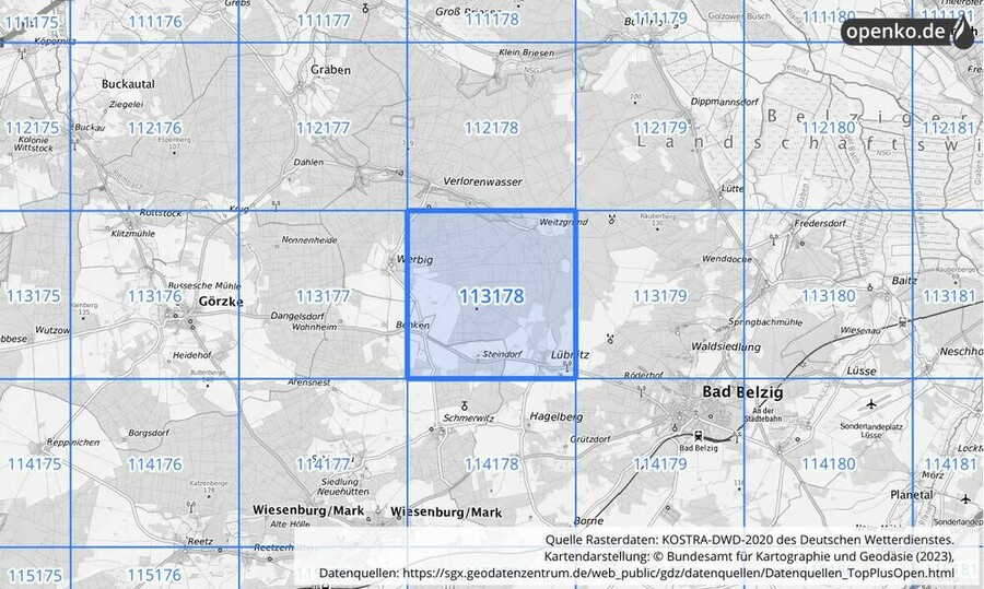 Übersichtskarte des KOSTRA-DWD-2020-Rasterfeldes Nr. 113178