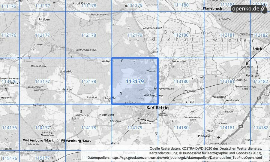 Übersichtskarte des KOSTRA-DWD-2020-Rasterfeldes Nr. 113179