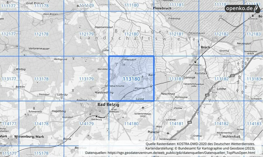 Übersichtskarte des KOSTRA-DWD-2020-Rasterfeldes Nr. 113180