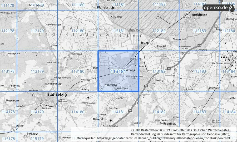 Übersichtskarte des KOSTRA-DWD-2020-Rasterfeldes Nr. 113181