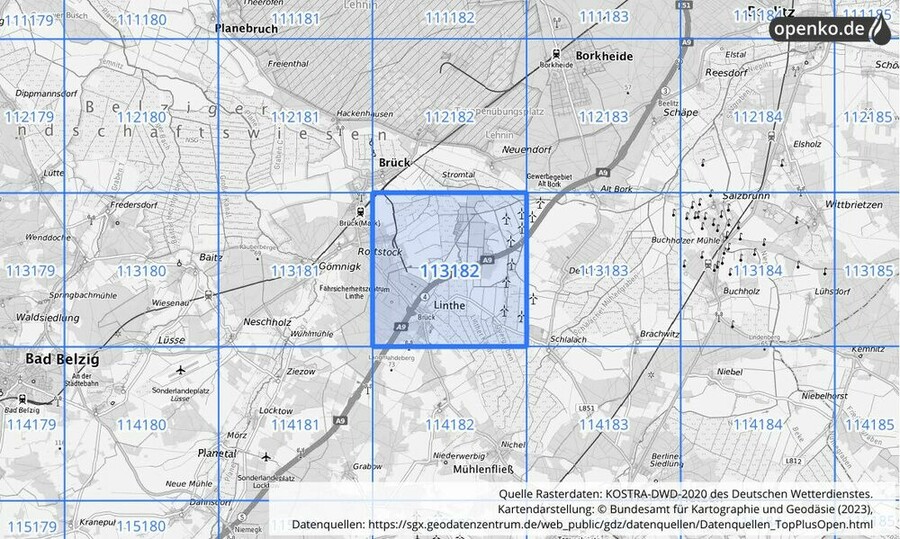 Übersichtskarte des KOSTRA-DWD-2020-Rasterfeldes Nr. 113182