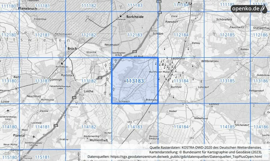 Übersichtskarte des KOSTRA-DWD-2020-Rasterfeldes Nr. 113183