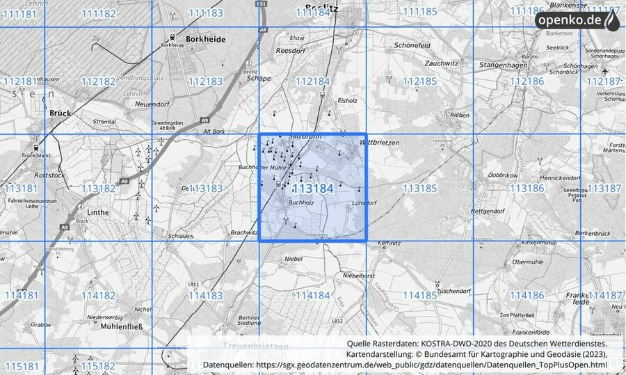 Übersichtskarte des KOSTRA-DWD-2020-Rasterfeldes Nr. 113184