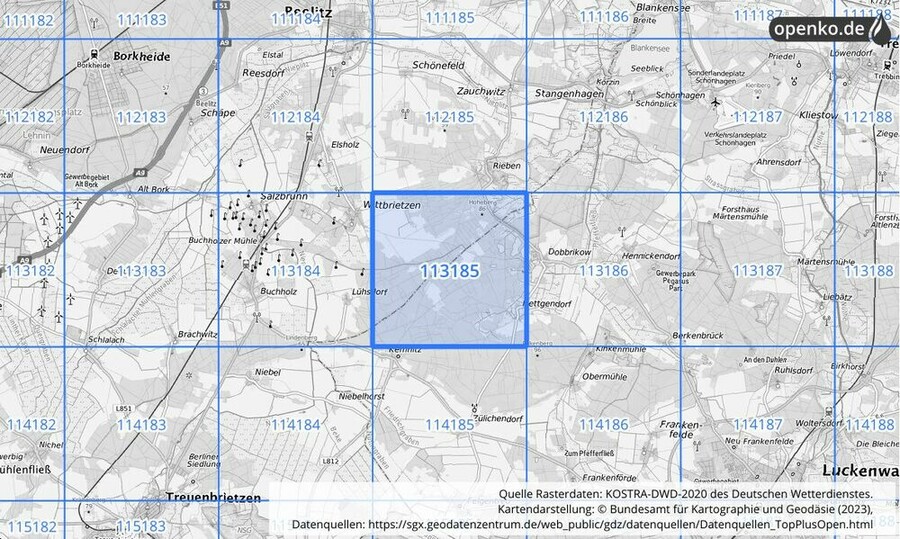 Übersichtskarte des KOSTRA-DWD-2020-Rasterfeldes Nr. 113185