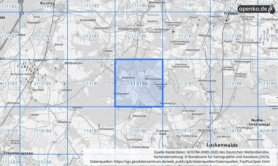 Übersichtskarte des KOSTRA-DWD-2020-Rasterfeldes Nr. 113186