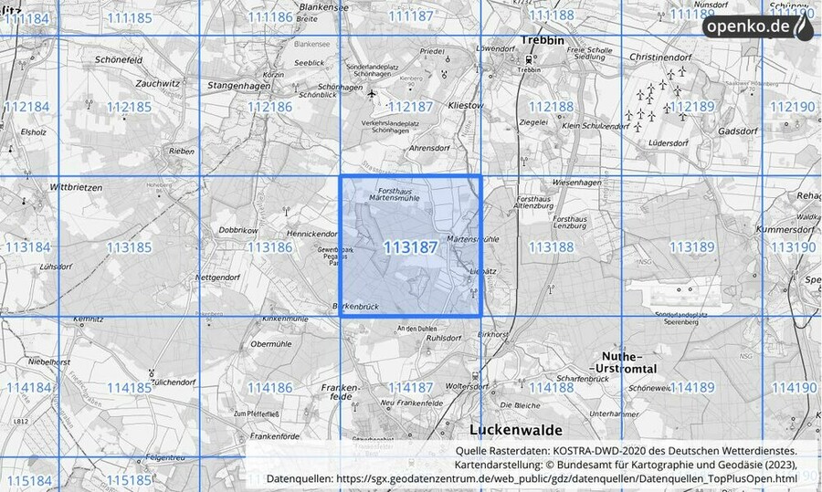 Übersichtskarte des KOSTRA-DWD-2020-Rasterfeldes Nr. 113187