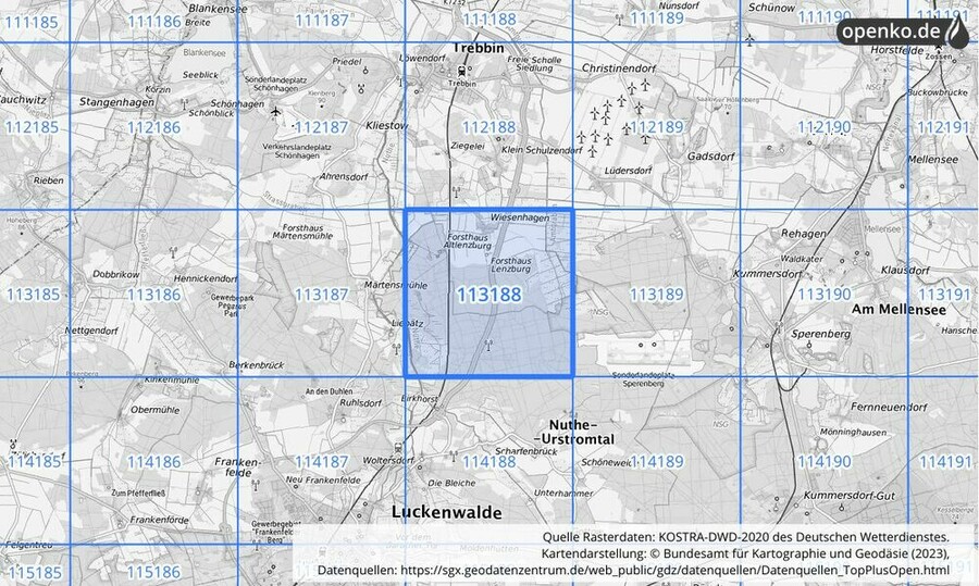 Übersichtskarte des KOSTRA-DWD-2020-Rasterfeldes Nr. 113188