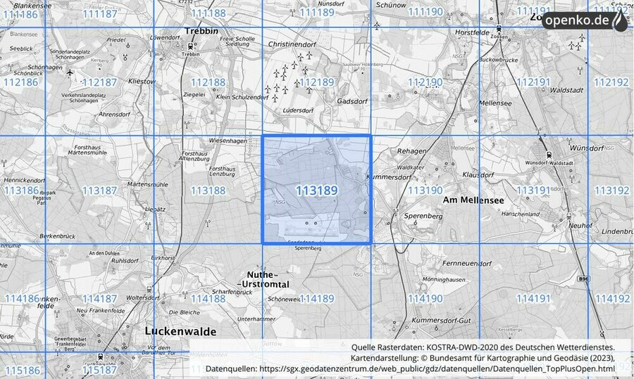 Übersichtskarte des KOSTRA-DWD-2020-Rasterfeldes Nr. 113189