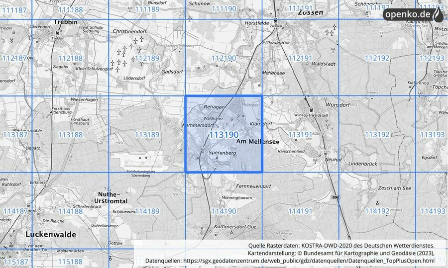 Übersichtskarte des KOSTRA-DWD-2020-Rasterfeldes Nr. 113190