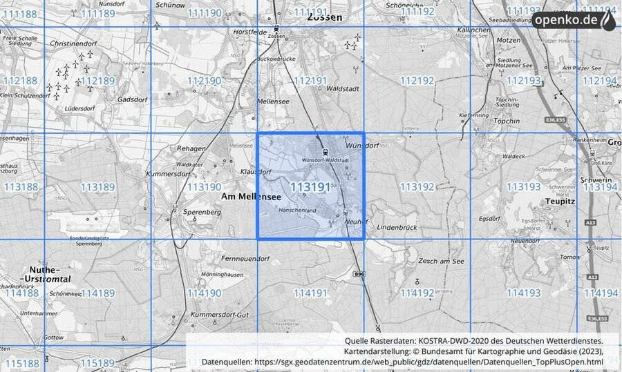 Übersichtskarte des KOSTRA-DWD-2020-Rasterfeldes Nr. 113191