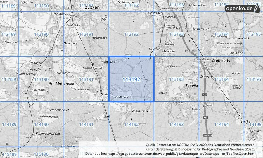 Übersichtskarte des KOSTRA-DWD-2020-Rasterfeldes Nr. 113192