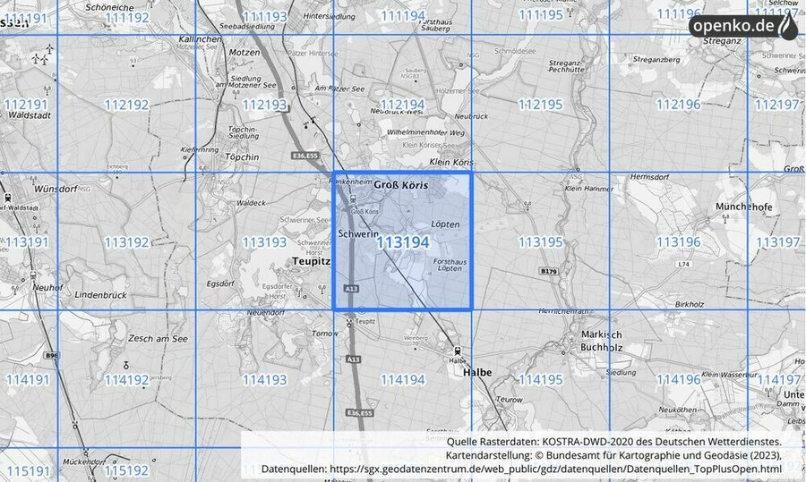 Übersichtskarte des KOSTRA-DWD-2020-Rasterfeldes Nr. 113194