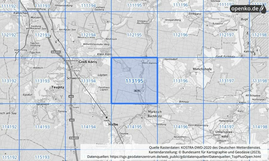 Übersichtskarte des KOSTRA-DWD-2020-Rasterfeldes Nr. 113195