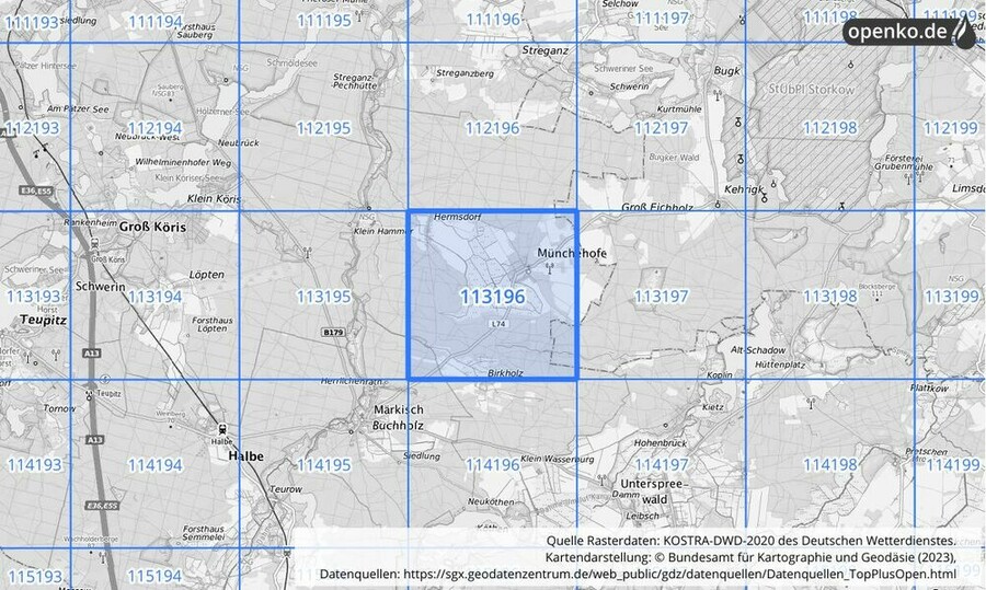 Übersichtskarte des KOSTRA-DWD-2020-Rasterfeldes Nr. 113196