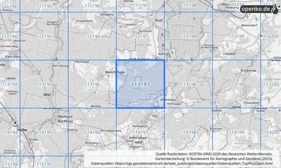 Übersichtskarte des KOSTRA-DWD-2020-Rasterfeldes Nr. 113197