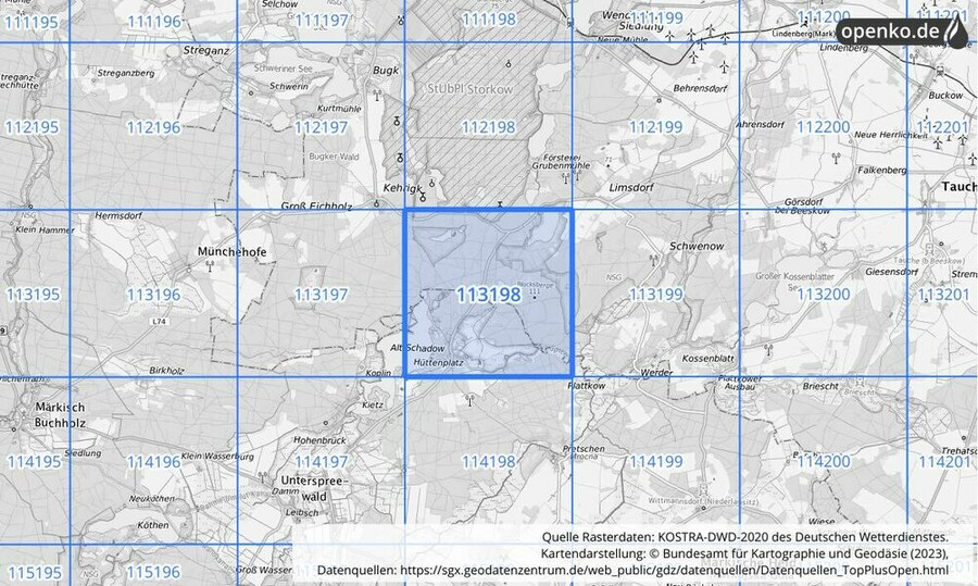 Übersichtskarte des KOSTRA-DWD-2020-Rasterfeldes Nr. 113198