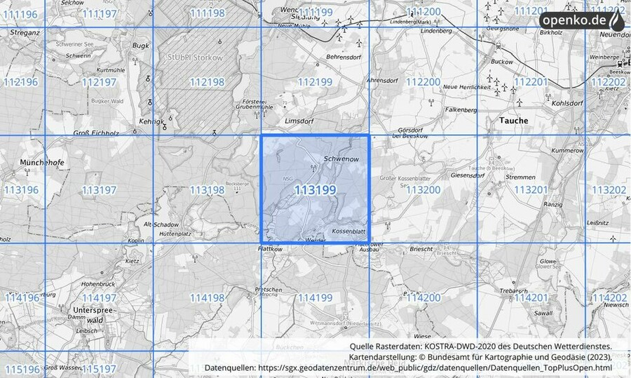 Übersichtskarte des KOSTRA-DWD-2020-Rasterfeldes Nr. 113199