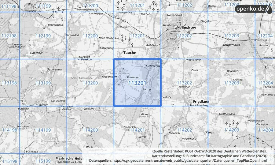 Übersichtskarte des KOSTRA-DWD-2020-Rasterfeldes Nr. 113201