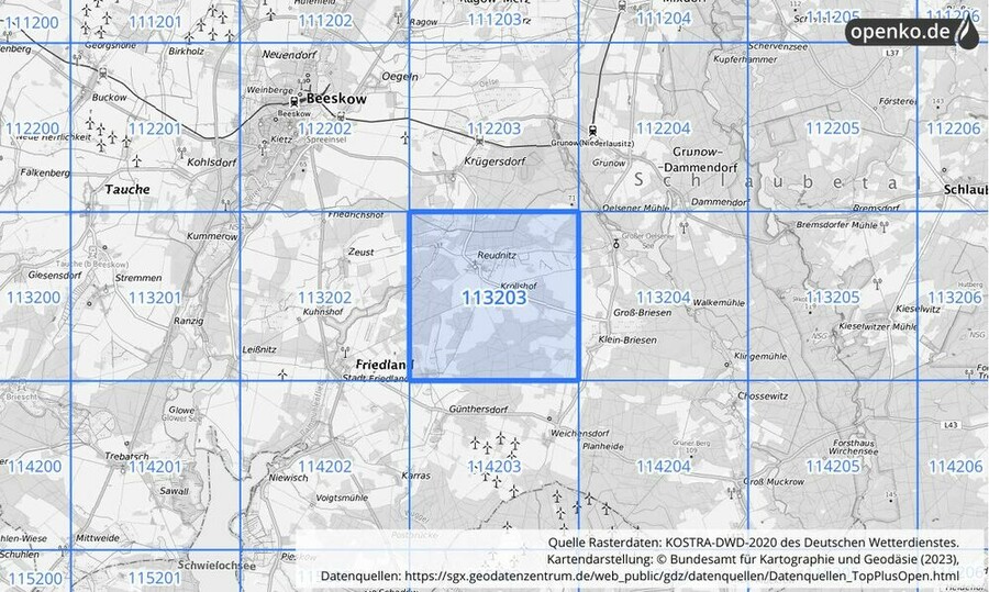 Übersichtskarte des KOSTRA-DWD-2020-Rasterfeldes Nr. 113203