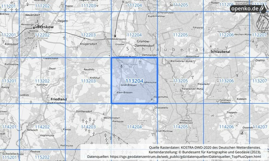 Übersichtskarte des KOSTRA-DWD-2020-Rasterfeldes Nr. 113204