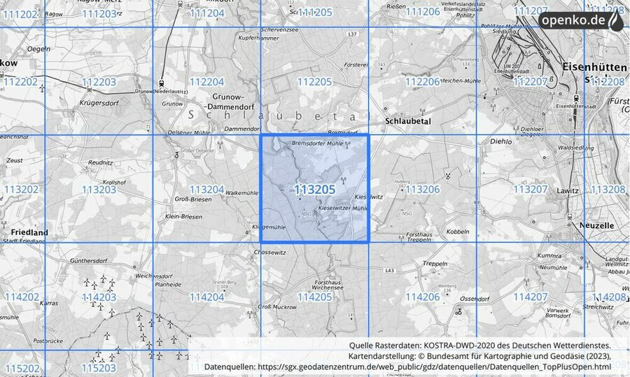 Übersichtskarte des KOSTRA-DWD-2020-Rasterfeldes Nr. 113205