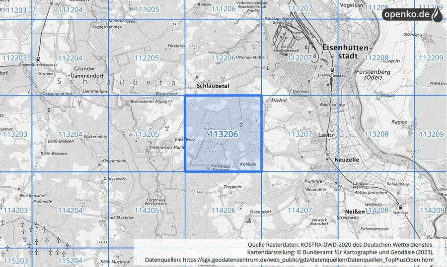 Übersichtskarte des KOSTRA-DWD-2020-Rasterfeldes Nr. 113206