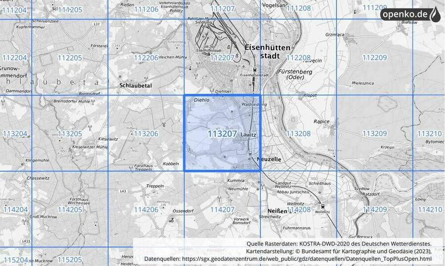 Übersichtskarte des KOSTRA-DWD-2020-Rasterfeldes Nr. 113207