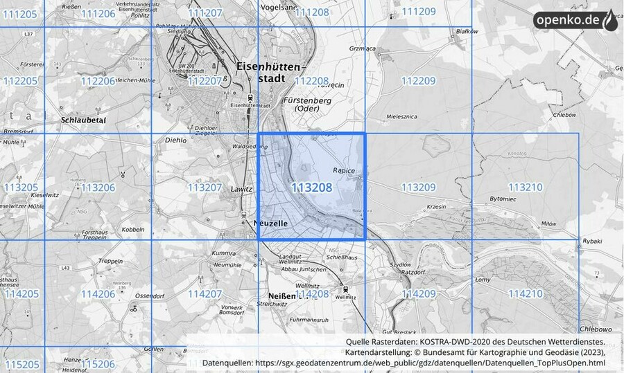 Übersichtskarte des KOSTRA-DWD-2020-Rasterfeldes Nr. 113208